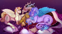 Size: 1200x666 | Tagged: safe, artist:bunnari, derpibooru import, discord, oc, oc:exist, oc:stell, draconequus, griffequus, hippogriff, hybrid, pony, unicorn, bed, bisexual, blushing, canon x oc, claws, cloven hooves, crossed hooves, cute, female, fluffy, gay, hooves, lying down, male, paws, pillow, polyamory, prone, shipping, straight, wings