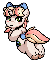 Size: 1383x1659 | Tagged: safe, artist:faerienougat, derpibooru import, oc, oc only, oc:periwinkle blossom, unicorn, bow, female, filly, foal, hair bow, lying down, mare, prone, rear view, simple background, solo, tail, tail bow, transparent background, underhoof