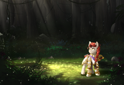 Size: 3800x2600 | Tagged: safe, artist:nihithebrony, derpibooru import, firefly, oc, oc:lawkeeper equity, earth pony, pony, armor, background, braid, commission, detailed background, earth pony oc, elements of justice, female, field, foliage, forest, forest background, grass, jungle, lightning, looking up, mare, outdoors, red hair, solo, sword, tree, weapon