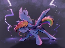 Size: 2048x1536 | Tagged: safe, artist:boorakun, derpibooru import, rainbow dash, pegasus, pony, female, lightning, mare, solo, spread wings, wings