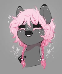 Size: 856x1020 | Tagged: safe, artist:melodylibris, derpibooru import, oc, oc only, earth pony, pony, braid, braided pigtails, bust, dark muzzle, eyes closed, facial markings, female, freckles, gray background, grin, mare, pigtails, simple background, smiling, solo