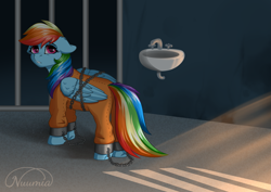 Size: 2039x1447 | Tagged: safe, artist:nuumia, derpibooru import, rainbow dash, pegasus, pony, bound wings, butt, chained, chains, clothes, cuffs, jail, jail cell, jumpsuit, never doubt rainbowdash69's involvement, plot, prison, prison outfit, prisoner, prisoner rd, shackles, wings