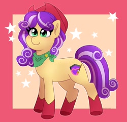 Size: 2048x1972 | Tagged: safe, artist:emera33, derpibooru import, oc, oc only, oc:quickdraw, earth pony, boots, cowboy hat, full body, green eyes, hat, passepartout, purple hair, shoes, solo