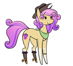 Size: 668x601 | Tagged: safe, artist:fenixdust, derpibooru import, oc, oc only, oc:quickdraw, earth pony, boots, clothes, coat markings, commissioner:dhs, cowboy hat, curly hair, freckles, hat, hoof ring, implied ponies riding horses, purple hair, scarf, shoes, simple background, socks (coat marking), solo, spurs, transparent background, yellow coat