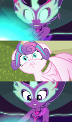 Size: 828x1397 | Tagged: safe, derpibooru import, editor:incredibubbleirishguy, midnight sparkle, princess flurry heart, sci-twi, twilight sparkle, alicorn, pony, a flurry of emotions, equestria girls, friendship games, baby, baby pony, foal, link in source, sad, scared, what have i done