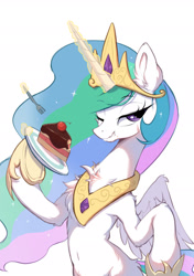 Size: 1535x2185 | Tagged: safe, artist:starbow, derpibooru import, part of a set, princess celestia, alicorn, pony, belly, belly button, bipedal, cake, cakelestia, chest fluff, crown, cute, cutelestia, ear fluff, ears, ethereal mane, ethereal tail, eyebrows, eyebrows visible through hair, female, fluffy, food, fork, glowing, glowing horn, hoof shoes, horn, jewelry, levitation, lidded eyes, long mane, looking at you, magic, magic aura, mare, one eye closed, peytral, plate, princess shoes, regalia, simple background, solo, spread wings, tail, telekinesis, white background, wings