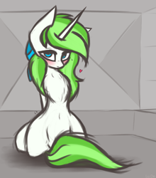 Size: 1475x1675 | Tagged: safe, artist:lu.de, derpibooru import, oc, oc only, oc:minty root, pony, unicorn, blushing, heart, heart eyes, looking at you, sitting, wingding eyes