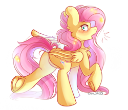 Size: 2560x2200 | Tagged: safe, alternate version, artist:yuris, derpibooru import, fluttershy, pegasus, pony, blushing, butt, chest fluff, ears up, emanata, frog (hoof), looking at you, looking back, looking back at you, open mouth, plot, simple background, solo, underhoof, white background