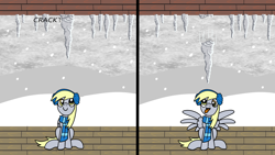Size: 1920x1080 | Tagged: safe, artist:platinumdrop, derpibooru import, derpy hooves, pegasus, pony, 2 panel comic, accident, clothes, comic, commission, earmuffs, female, icicle, imminent death, looking up, mare, moments before disaster, onomatopoeia, open mouth, patio, scarf, sitting, smiling, snow, snowfall, solo, sound effects, spread wings, this will end in death, tongue, tongue out, too dumb to live, wings, winter
