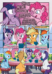 Size: 1920x2715 | Tagged: safe, artist:alexdti, derpibooru import, applejack, fluttershy, pinkie pie, rainbow dash, rarity, twilight sparkle, twilight sparkle (alicorn), alicorn, earth pony, pegasus, pony, unicorn, comic:how we met, the ending of the end, butt, dialogue, donut, food, mane six, plot, speech bubble