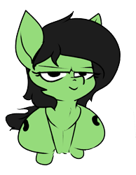 Size: 637x820 | Tagged: safe, artist:rocket-lawnchair, derpibooru import, edit, oc, oc only, oc:anon filly, earth pony, pony, both cutie marks, female, filly, foal, lidded eyes, looking at something, mare, meme, simple background, sitting, smiling, smirk, solo, transparent background