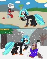 Size: 2371x2967 | Tagged: safe, artist:supahdonarudo, derpibooru import, oc, oc only, oc:icebeak, oc:ironyoshi, classical hippogriff, hippogriff, unicorn, beach, beanie, bucket, chair, clothes, cloud, coat, dialogue, drink, fanning, hat, jewelry, necklace, ocean, palm tree, scarf, shirt, shivering, sitting, snow, snowfall, snowpony, speech bubble, sun, sunglasses, sweat, sweating profusely, text, tree, water