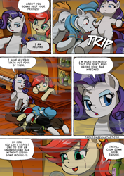 Size: 1204x1700 | Tagged: safe, artist:tarkron, derpibooru import, rarity, oc, oc:red scarla, earth pony, pony, unicorn, comic:the royal sandal, comic, dialogue, female, leaning, male, mare, speech bubble, stallion, tripping