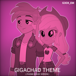 Size: 1280x1280 | Tagged: safe, anonymous artist, artist:edy_january, derpibooru import, edit, applejack, big macintosh, human, better together, equestria girls, album, album cover, album parody, applecest, applejack's hat, applemac, bring me the horizon, brother and sister, clothes, cowboy hat, duo, female, geode of super strength, gigachad, hat, incest, magical geodes, male, music, parody, phonk, purple background, shipping, siblings, sigma, sigma female, sigma male, simple background, song, straight, youtube link