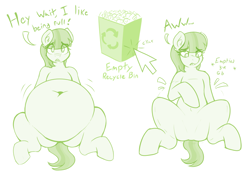 Size: 3735x2590 | Tagged: safe, artist:czu, derpibooru import, part of a set, oc, oc only, oc:lemon drop, earth pony, abdominal bulge, belly, belly button, big belly, commissioner:lemondrop, dialogue, digestion, digestion without weight gain, disappointed, ear fluff, ears, eye clipping through hair, eyebrows, eyebrows visible through hair, female, looking at you, mare, mouse cursor, recycle bin, simple background, solo, solo female, stuffed, stuffed belly, vore, weight loss, white background