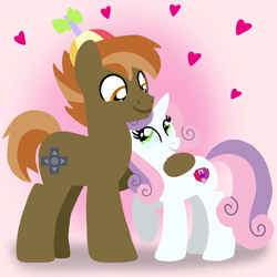 Size: 1400x1400 | Tagged: safe, artist:mlplary6, derpibooru import, button mash, sweetie belle, earth pony, pony, unicorn, boyfriend and girlfriend, female, hat, heart, looking at each other, looking at someone, love, male, mare, older, older button mash, older sweetie belle, shipping, smiling, smiling at each other, stallion, straight, sweetiemash