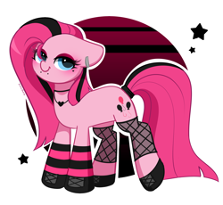 Size: 2756x2532 | Tagged: safe, artist:kittyrosie, derpibooru import, part of a set, pinkie pie, earth pony, pony, abstract background, clothes, ear piercing, earring, goth, gothic pinkie, jewelry, looking at you, makeup, piercing, shoes, simple background, socks, striped socks