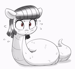 Size: 3119x2862 | Tagged: safe, artist:pabbley, derpibooru import, oc, oc only, oc:tija, original species, snake, snake pony, :<, black and white, blushing, emanata, female, grayscale, mare, monochrome, partial color, plewds, simple background, solo, sweat, sweatdrops, white background