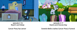 Size: 2560x1000 | Tagged: safe, edit, edited screencap, screencap, cancer pony, coco crusoe, fuzzy slippers (character), lyra heartstrings, mr. waddle, oakey doke, rainbow dash, earth pony, pegasus, pony, unicorn, hearts and hooves day (episode), read it and weep, season 2, background pony, book, cancer (disease), candle, catsuit, clerical collar, coffin, death, elderly, female, filly, foal, funeral, glasses, grave, headcanon, hospital, hospital bed, image macro, lamp, liver spots, looking at each other, male, mare, sad, stallion, text, the fun in funeral, unfortunate implications, welch