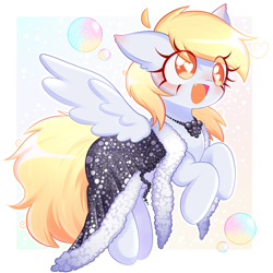 Size: 1356x1358 | Tagged: safe, artist:arwencuack, derpibooru import, derpy hooves, pegasus, pony, g4, abstract background, blushing, bubble, clothes, commission, cute, dress, female, flying, gala dress, heart, heart eyes, jewelry, mare, necklace, open mouth, pearl necklace, smiling, solo, spread wings, wingding eyes, wings
