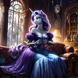 Size: 1024x1024 | Tagged: safe, ai content, derpibooru exclusive, derpibooru import, generator:stable diffusion, machine learning generated, rarity, anthro, unicorn, amputee, breasts, cleavage, clock, clothes, dress, jewelry, necklace, prompter:professordoctorc, prosthetic arm, prosthetic limb, prosthetics, sitting, steampunk, victorian