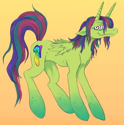 Size: 1060x1069 | Tagged: source needed, safe, artist:rainbowteeth, derpibooru import, alicorn, bicorn, pony, chest fluff, concave belly, gradient background, gradient hooves, horn, multiple horns, ribs, small wings, solo, thin, wings