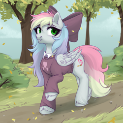 Size: 3000x3000 | Tagged: safe, artist:nika-rain, derpibooru import, oc, oc only, oc:blazey sketch, pegasus, pony, autumn, bow, clothes, cute, eyebrows, eyebrows visible through hair, female, forest, green eyes, grey fur, hair bow, looking at you, multicolored hair, raised hoof, raised leg, shirt, simple background, smiling, solo, stroll, sweater, walking