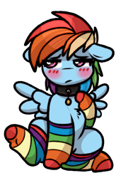 Size: 1137x1659 | Tagged: safe, artist:faerienougat, derpibooru import, rainbow dash, blushing, clothes, collar, dog collar, ears, female, filly, filly rainbow dash, floppy ears, foal, heart, heart eyes, looking away, rainbow socks, simple background, socks, solo, spread wings, stockings, striped socks, thigh highs, transparent background, wingboner, wingding eyes, wings, younger