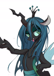 Size: 1535x2185 | Tagged: safe, artist:starbow, derpibooru import, part of a set, queen chrysalis, changeling, changeling queen, belly, bipedal, eyebrows, eyebrows visible through hair, fangs, female, horn, looking at you, open mouth, simple background, solo, tongue, tongue out, white background