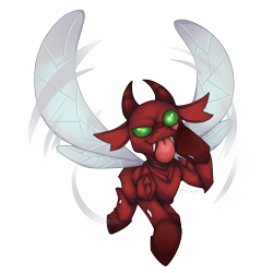 Size: 2000x2000 | Tagged: safe, artist:dimleyd, derpibooru import, changeling, original species, flying, horn, multiple horns, rageling, red changeling, simple background, solo, spread wings, taunting, tongue, tongue out, transparent background, wings