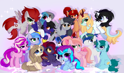 Size: 5537x3272 | Tagged: safe, artist:2pandita, derpibooru import, oc, oc only, oc:amethyst heart, oc:azure jewel, oc:celtic meadows, oc:jane blood, oc:lisa, oc:mela rite, oc:paladin colt, oc:ruby sunshine, oc:sharps eye, oc:silver dawn, oc:stacey lightning dash, oc:victoria heartsong, bat pony, kirin, pegasus, pony, unicorn, absurd resolution, bat pony oc, blushing, braid, braided ponytail, ear piercing, eye clipping through hair, eyebrow slit, eyebrows, eyebrows visible through hair, female, flying, folded wings, frown, glasses, grin, hair tie, horn, kirin oc, looking at you, lying down, male, mare, open mouth, open smile, pegasus oc, piercing, ponytail, prone, raised hoof, raised leg, reflection, signature, sitting, smiling, smiling at you, spread wings, stallion, unicorn oc, unnamed oc, wings