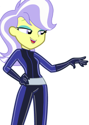 Size: 1733x2419 | Tagged: safe, artist:ravenwolf-bases, derpibooru import, upper crust, human, equestria girls, catsuit, eyebrows, eyeshadow, female, hand on hip, high res, latex, makeup, open mouth, open smile, simple background, smiling, solo, totally spies, white background