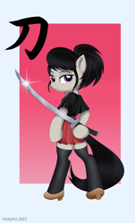 Size: 1352x2240 | Tagged: safe, artist:vinilyart, derpibooru import, octavia melody, earth pony, semi-anthro, clothes, high heels, index get, katana, lidded eyes, looking at you, looking back, looking back at you, passepartout, shoes, skirt, smiling, solo, stockings, sword, thigh highs, weapon, x00000 milestone