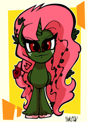 Size: 1146x1600 | Tagged: safe, artist:yamston, derpibooru import, oc, oc only, oc:helianthus, alicorn, pony, fanfic:living the dream, 2023, alicorn oc, fanfic art, female, flower, flower in hair, freckles, green coat, horn, looking at you, magical lesbian spawn, mare, offspring, parent:oc:vinetion, parent:princess celestia, parents:canon x oc, pink nipples, red eyes, rose, signature, slit eyes, solo, vine, wings