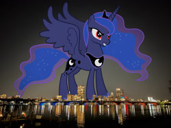 Size: 1600x1200 | Tagged: safe, artist:90sigma, derpibooru import, edit, editor:jaredking779, princess luna, alicorn, pony, attack on pony, boston, crown, ethereal mane, female, giant pony, giantess, grin, highrise ponies, irl, jewelry, macro, mare, massachusetts, peytral, photo, ponies in real life, red eyes, regalia, smiling, solo, spread wings, story included, wings