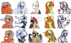 Size: 2560x1537 | Tagged: safe, artist:virenth, derpibooru import, oc, oc only, oc:crescendo, oc:hester, oc:hime cut, oc:nova, oc:virenth, angel, anthro, demon, griffon, minotaur, pegasus, unicorn, zebra, comic:virenth mixtures emporium, air kiss, behaving like a bird, blushing, candy, clothes, cum, dancing, embarrassed, emoji, facial, food, glasses, gun, halo, handgun, headphones, lollipop, mlem, music, music notes, pistol, presenting, presenting butt, shoes, silly, simple background, sticker, tongue, tongue out, transparent background, unamused, weapon