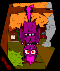 Size: 2520x2954 | Tagged: safe, artist:xxv4mp_g4z3rxx, derpibooru import, oc, oc only, oc:violet valium, bat pony, pony, alternate versions at source, bags under eyes, bat pony oc, belly button, bush, cabin, cave, choker, clothes, eyeliner, fangs, featureless crotch, hanging, hanging upside down, hoodie, hospital band, house, looking at you, makeup, open mouth, partially open wings, path, red eyes, rock, scar, signature, smiling, smiling at you, solo, spiked choker, spiked wristband, tail, tree, two toned mane, two toned tail, upside down, window, wings, wristband