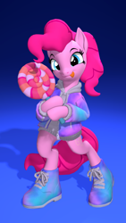 Size: 2160x3840 | Tagged: safe, artist:owlpirate, derpibooru import, pinkie pie, earth pony, semi-anthro, 3d, 4k, candy, clothes, female, food, gradient background, high res, hoof hold, jacket, licking, licking lips, lollipop, looking at you, mare, shoes, smiling, smiling at you, sneakers, solo, source filmmaker, tongue, tongue out