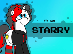 Size: 800x592 | Tagged: safe, artist:soupafterdark, derpibooru import, oc, oc only, oc:starforce fireline, pony, banned from equestria daily, blue background, clothes, commissioner:dhs, gradient background, hoodie, simple background, socks, solo, standing, stockings, thigh highs, two toned mane, white coat, ya got