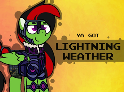 Size: 800x592 | Tagged: safe, artist:soupafterdark, derpibooru import, oc, oc only, oc:lightning weather, pegasus, pony, armor, banned from equestria daily, clothes, commissioner:dhs, gradient background, green coat, male, purple eyes, simple background, solo, stallion, two toned mane, ya got, yellow background