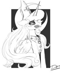 Size: 3031x3653 | Tagged: safe, artist:thelunarmoon, derpibooru import, princess luna, alicorn, pony, black and white, clothes, costume, cross, female, ghost (band), grayscale, hat, high res, inverted cross, jacket, mare, monochrome, passepartout, simple background, white background