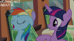 Size: 2000x1125 | Tagged: safe, derpibooru import, edit, edited screencap, editor:quoterific, screencap, cloud kicker, rainbow dash, twilight sparkle, twilight sparkle (alicorn), alicorn, pegasus, pony, rainbow falls, eyes closed, friendship express, locomotive, open mouth, steam locomotive, train