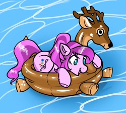 Size: 2048x1827 | Tagged: safe, artist:opalacorn, derpibooru import, oc, oc only, oc:violet ray, deer, earth pony, pony, antlers, hoof polish, inflatable, open mouth, pool toy, solo, swimming pool, water