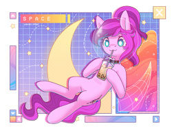 Size: 1017x786 | Tagged: safe, artist:musicfirewind, derpibooru import, oc, oc only, oc:violet ray, earth pony, bubble tea, cloud, crescent moon, drink, drinking, floating, moon, ponytail, solo, space, space helmet, stars, text, wireframe