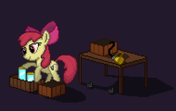 Size: 570x360 | Tagged: safe, artist:grafleon, derpibooru import, apple bloom, earth pony, pony, bloom and gloom, alternate cutie mark, female, filly, foal, pest control gear, pixel art, solo, table, working