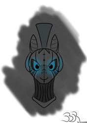 Size: 2480x3508 | Tagged: safe, artist:bifrose, derpibooru import, zecora, robot, zebra, glowing, glowing eyes, simple background, solo