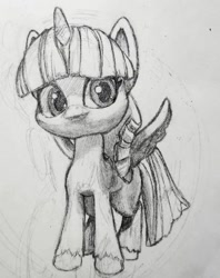 Size: 800x1008 | Tagged: safe, artist:jack107401, derpibooru import, twilight sparkle, twilight sparkle (alicorn), alicorn, doll, looking at you, pencil drawing, simple background, toy, traditional art, white background