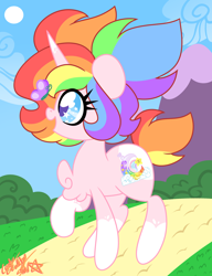 Size: 2000x2600 | Tagged: safe, artist:ladylullabystar, derpibooru import, oc, oc only, oc:lady lullaby star, butterfly, pony, unicorn, blue eyes, bush, chest fluff, cloud, coat markings, female, grass, mare, mountain, multicolored hair, path, pigtails, ponysona, rainbow hair, raised hoof, raised leg, sky, socks (coat marking), solo, sparkly eyes, sun, wingding eyes