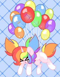 Size: 1280x1632 | Tagged: safe, artist:ladylullabystar, derpibooru import, oc, oc only, oc:lady lullaby star, pony, unicorn, ><, balloon, blue background, coat markings, eyes closed, female, floating, mare, multicolored hair, patterned background, pigtails, ponysona, rainbow hair, simple background, socks (coat marking), solo, then watch her balloons lift her up to the sky, xd