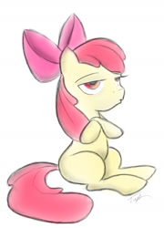 Size: 1205x1672 | Tagged: safe, artist:taps, derpibooru import, apple bloom, earth pony, pony, crossed hooves, female, filly, foal, simple background, sitting, solo, white background